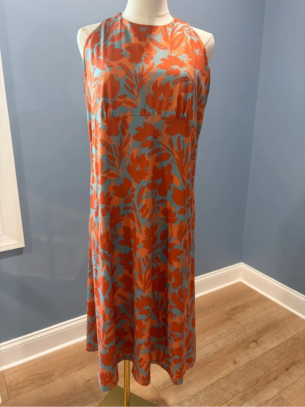 prAna XL Floral Open Back Midi Dress Orange Blue Sleeveless Racerback Dress